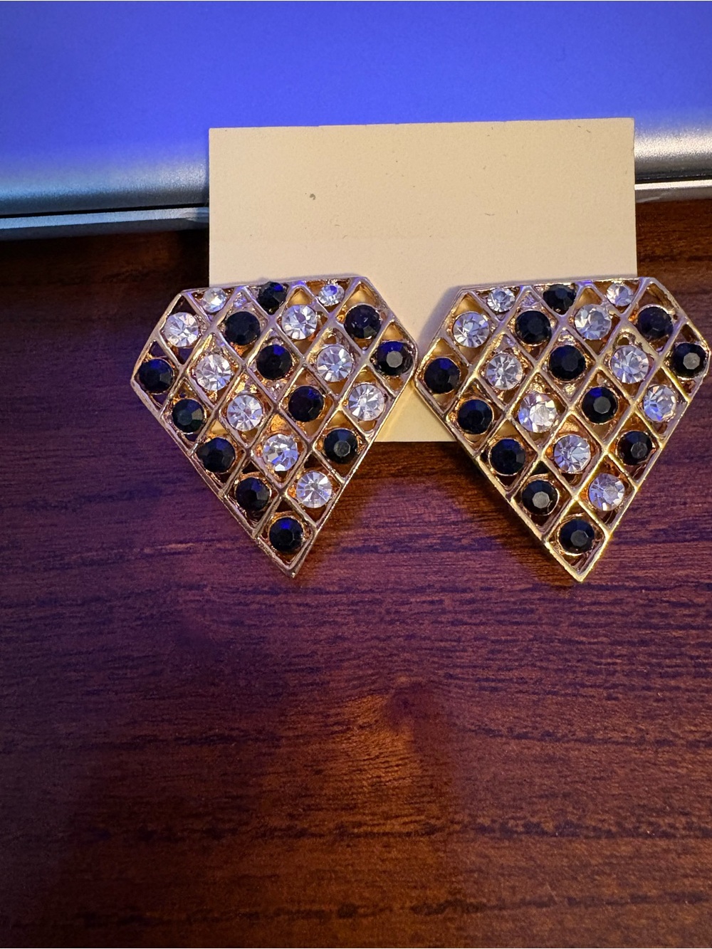 Vintage Gold Heart Stud Earrings with Black and Clear Stones
